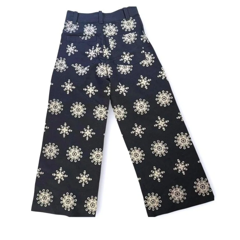 ZARA‎ WOMAN HIGH-WAIST WIDE-LEG EMBROIDERED CULOTTES PANT NAVY BLUE  S XS 28